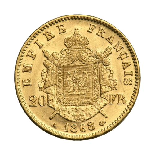 6.45 гр. Златна Монета 20 Франка Наполеон III с Венец 1861-1870