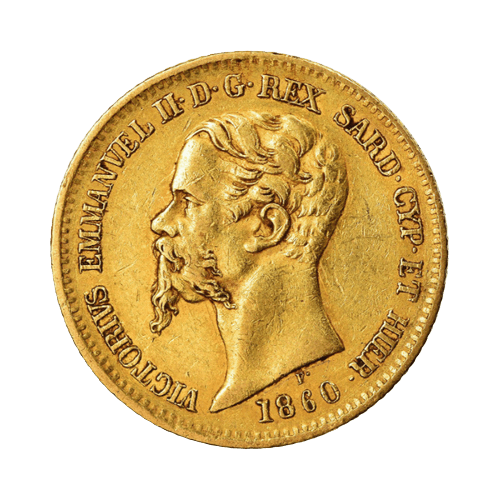 Златна Монета 20 Италиански Лири 6.45 гр. Виторио Емануеле II Сардиния 1850-1861