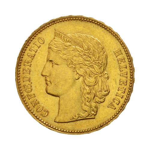Златна Монета 20 Швейцарски Франка 6.45 гр. Хелветика 1883-1896