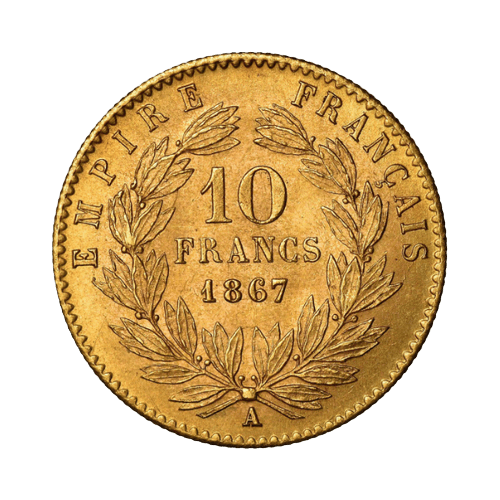 3.22 гр. Монета 10 Златни Франка Наполеон III с венец 1861-1868