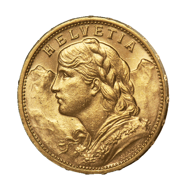 6.45 гр. Златна Монета 20 Швейцарски Франка Вренели 1897-1949