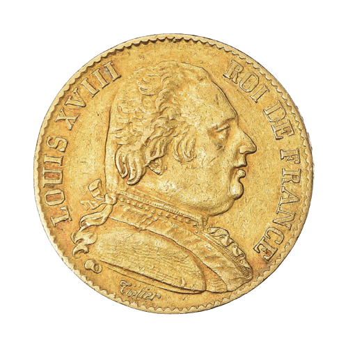 Златна Монета 20 Франка 6.45 гр. Луи XVIII Военен Бюст 1814-1815