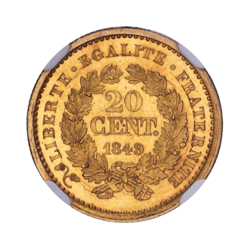 6.75 грама златна монета 20 сантима фарук I 1849 essai ex maz -1229 pf 65 cameo гръб